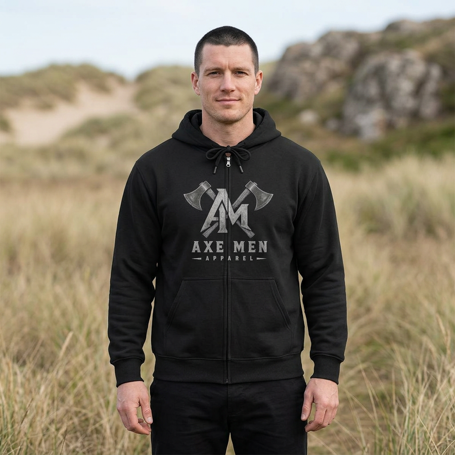 Axe Men Logo Zip Hoodie — Rustic Lumberjack Full-Zip Sweatshirt