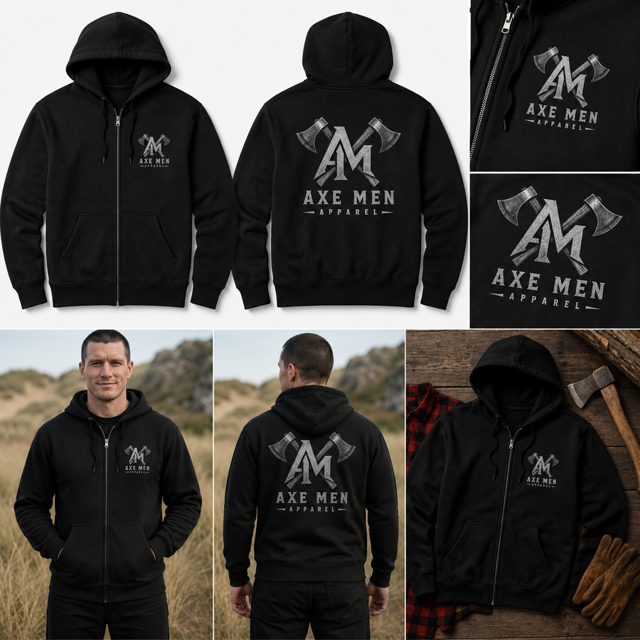 Axe Men Logo Zip Hoodie — Rustic Lumberjack Full-Zip Sweatshirt